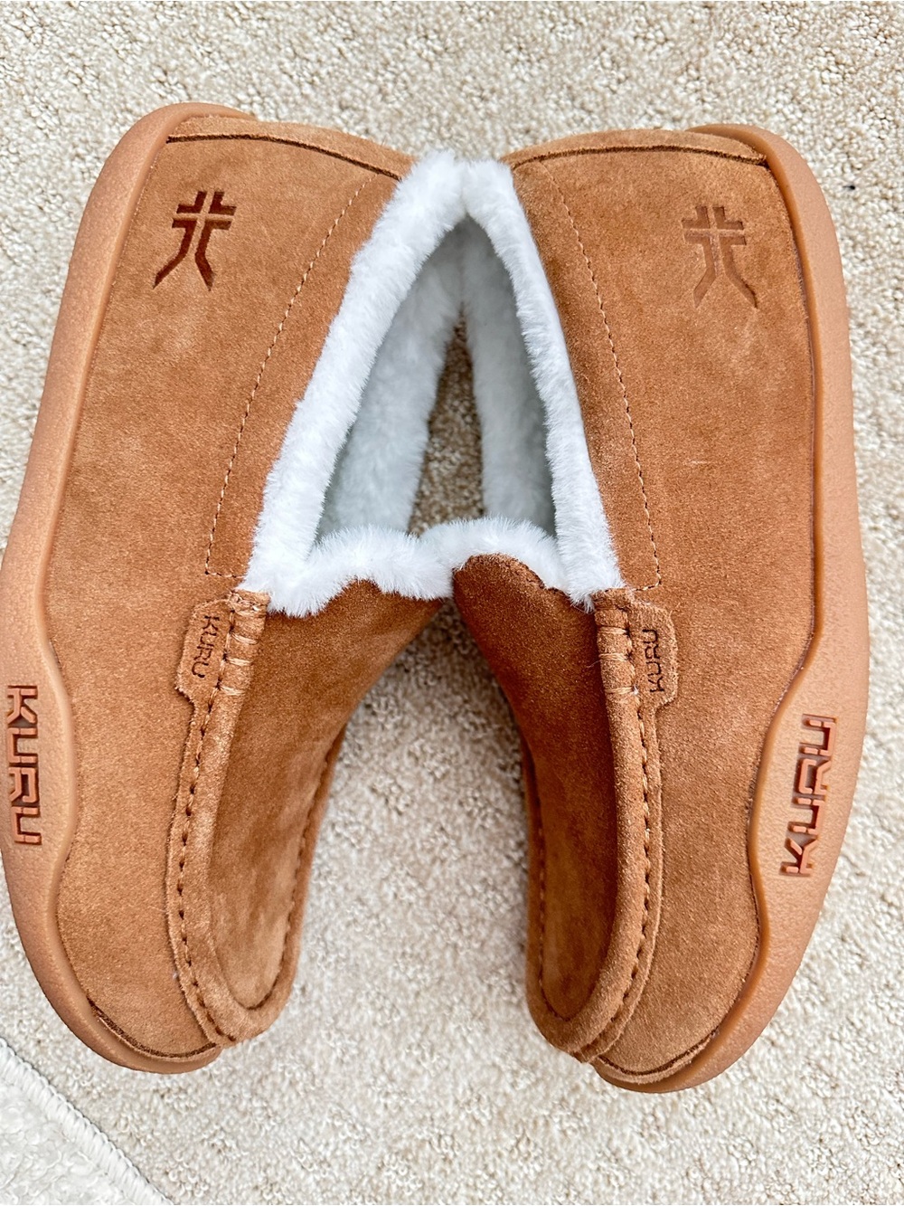 NWOB KURU women's Chestnut Suede Slip-On Loafers with White Faux-Fur Lining